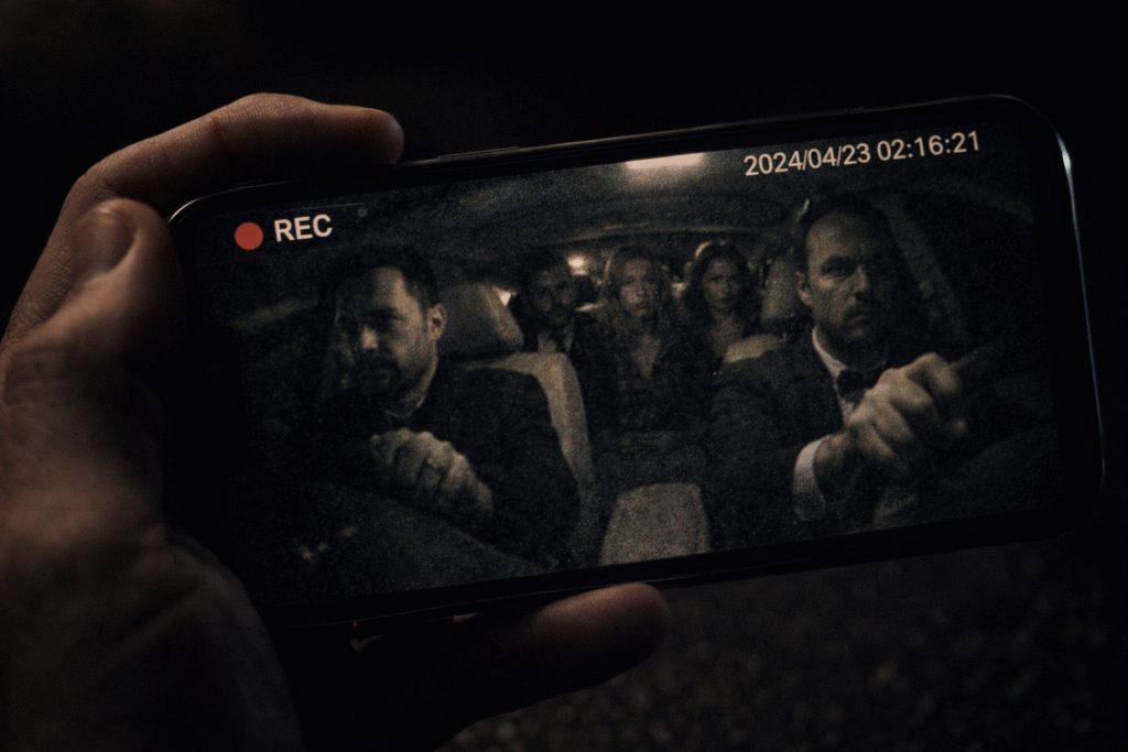 Nighttime dashcam footage on smartphone screen